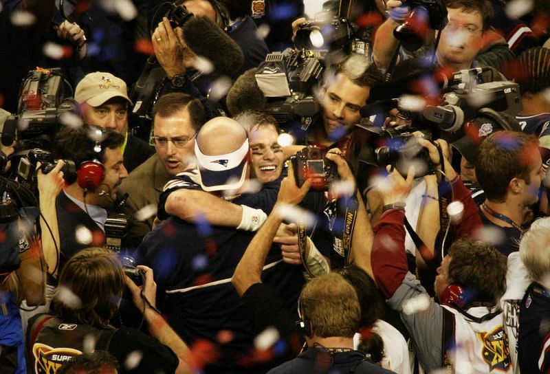 New England Patriots QB Tom Brady celebrates winning the Super Bowl in 2004