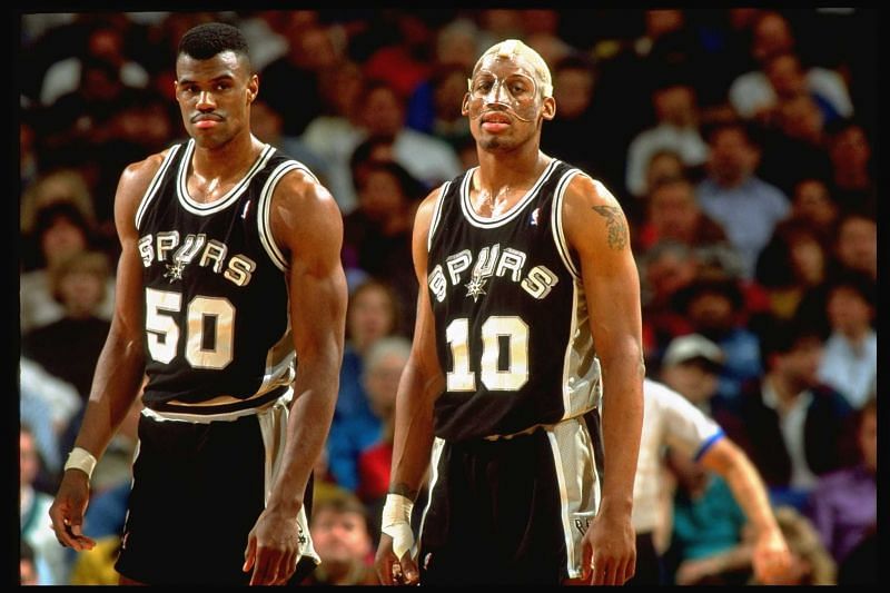Dennis Rodman (right) and David Robinson with the San Antonio Spurs [Source: mySA]