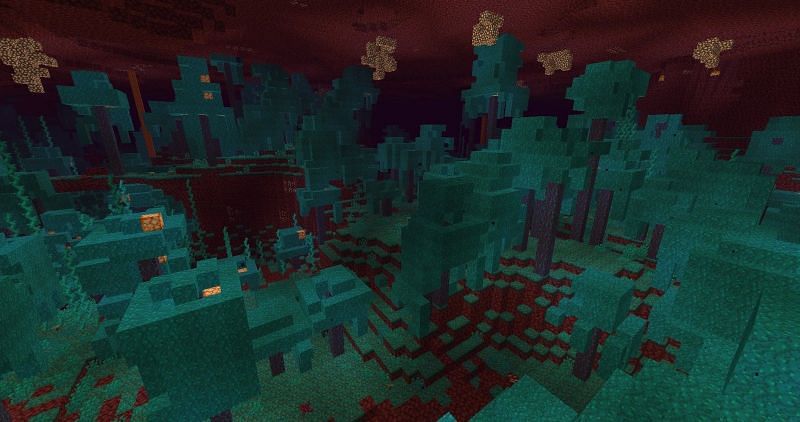 Pictured is a warped forest of nylium, which can occur naturally within the Nether and can even be a safe location due to the lack of mob variety (Image via Mojang).