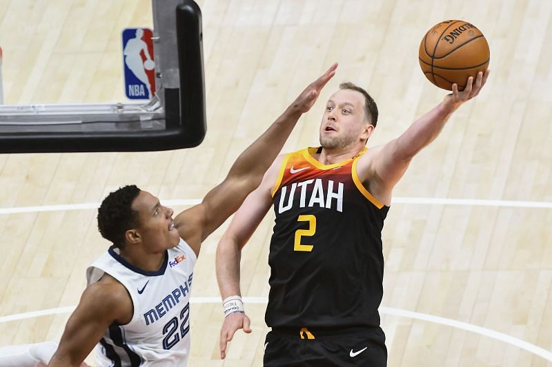 Joe Ingles #2 of the Utah Jazz shoots over Desmond Bane #22 of the Memphis Grizzlies in Game Two of the Western Conference first-round playoff series at Vivint Smart Home Arena on May 26, 2021 in Salt Lake City, Utah.