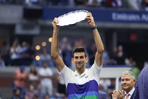 Novak Djokovic at the presentation ceremony after the finals of the 2021 US Open