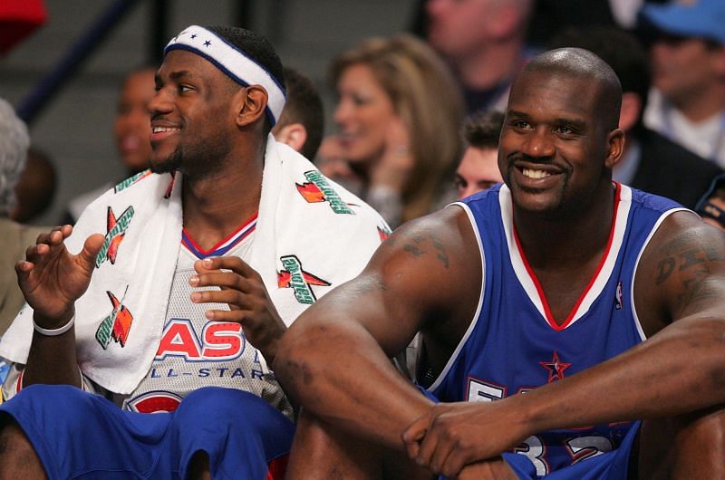 Shaquille O&#039;Neal (left) with LeBron James (right) in the 2005 NBA All-Star Game