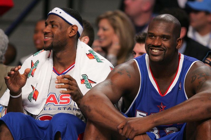 Shaquille O'Neal (left) with LeBron James (right) in the 2005 NBA All-Star Game