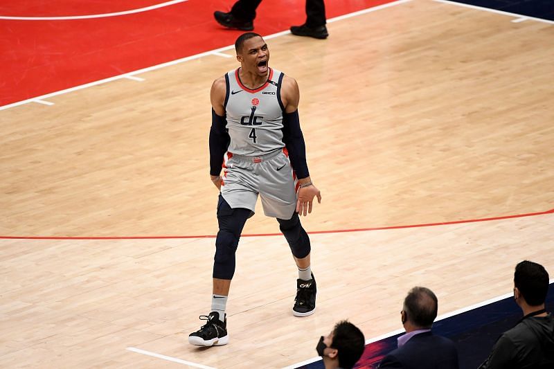 Russell Westbrook reacts to a basket scored at a Washington Wizards game