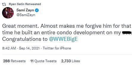 Sami Zayn posts a hilarious tweet reacting to Big E&#039;s win