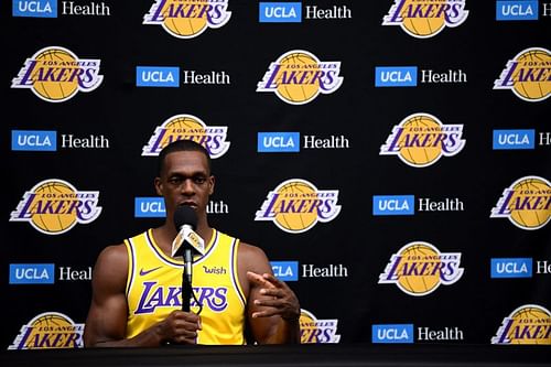 Rajon Rondo #9 speaks to the press 