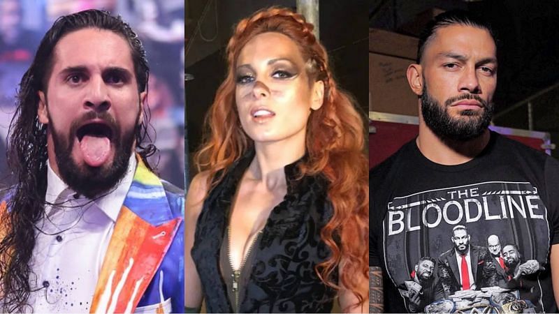 Seth Rollins (left), Becky Lynch (center), and Roman Reigns (right)
