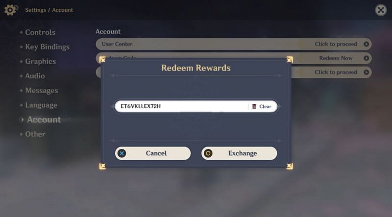 Entering the redeem code from Alienware&rsquo;s giveaway (Image via Genshin Impact)