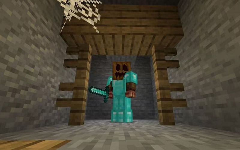 Players can wear carved pumpkins to avoid angering an enderman (Image via Minecraft)