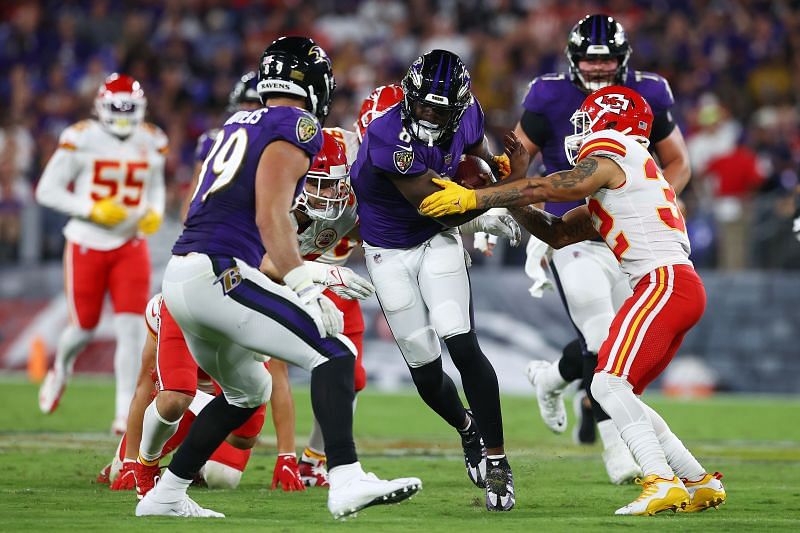 Baltimore Ravens QB Lamar Jackson leading the Ravens to a comeback victory over the Chiefs