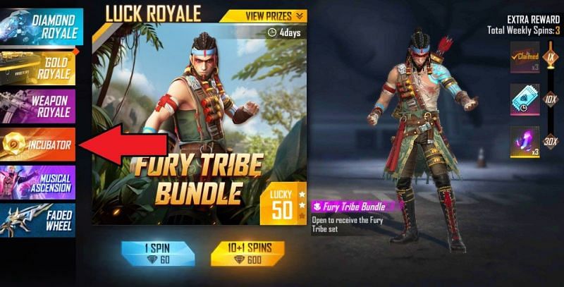 Tap on the &ldquo;Incubator&rdquo; tab (Image via Free Fire)