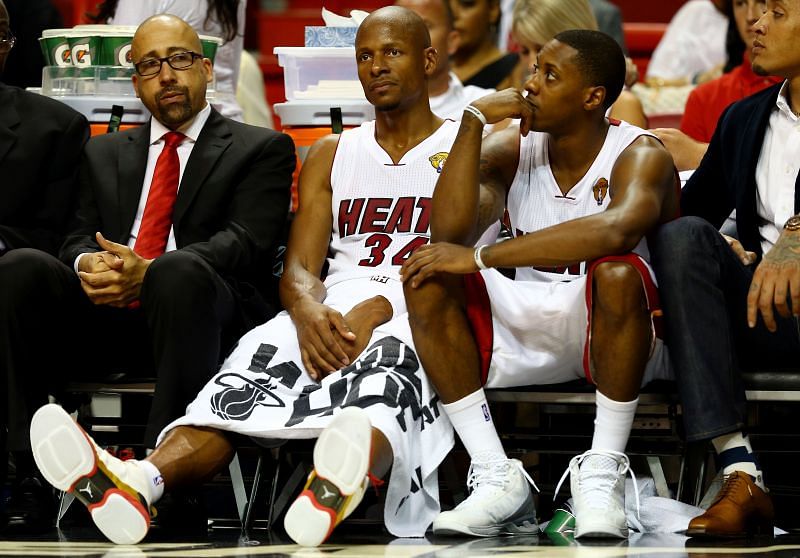 Ray Allen (second from left) during the 2014 NBA Finals