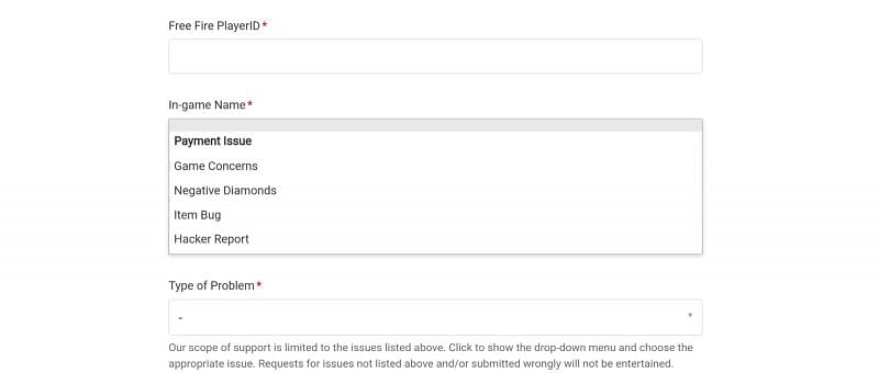 Fill in the details and choose the relevant issue (Image via ffsupport.garena.com)