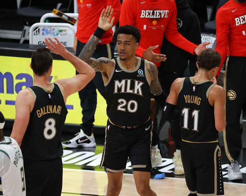 Atlanta Hawks celebrate during an NBA game.