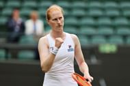 Alison Van Uytvanck celebrates a point at the 2021 Wimbledon Championships
