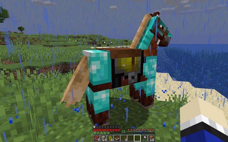 An image of an armored Minecraft horse standing in the rain (Image via Minecraft)