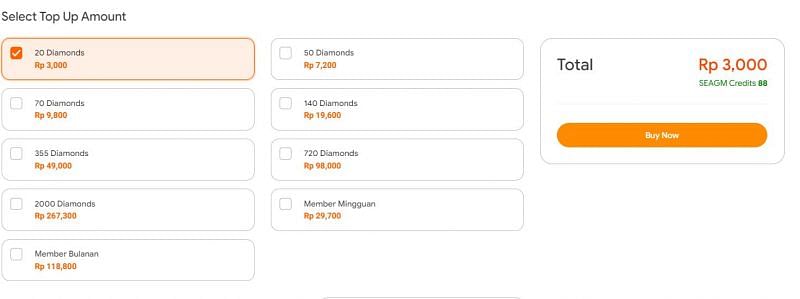 Choose the number of diamonds to purchase and complete the payment (Image via SEAGM)