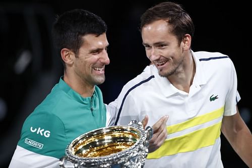 Novak Djokovic (L) and Daniil Medvedev at the 2021 Australian Open