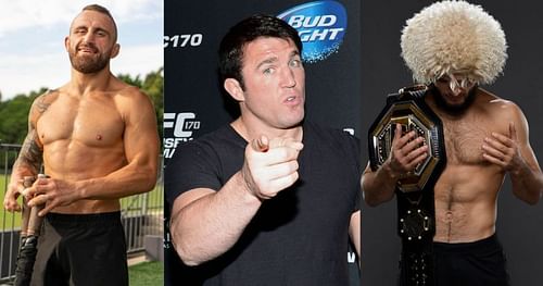 Alexander Volkanovski (left), Chael Sonnen (center), Khabib Nurmagomedov (right) [Images Courtesy: @alexvolkanovski via Instagram, @UFC via Twitter]