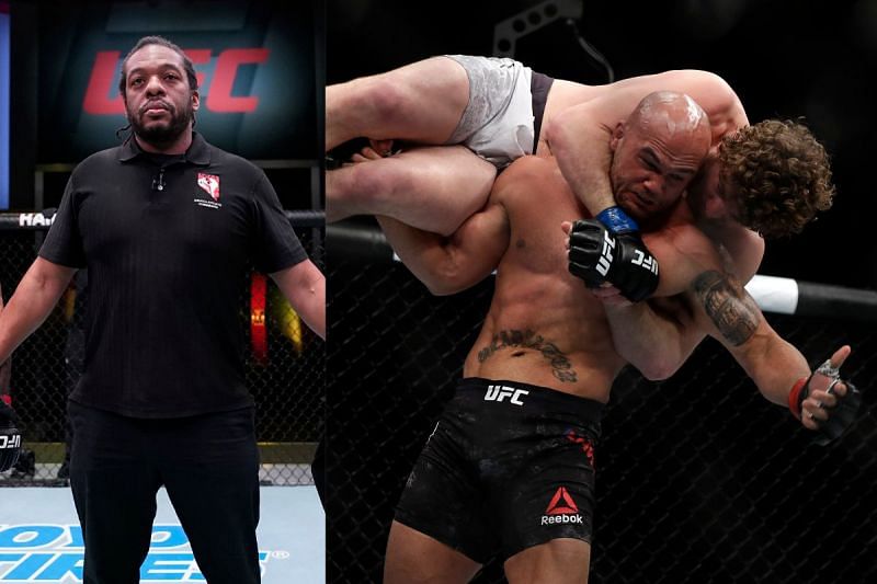 Referee Herb Dean (left) and Robbie Lawler (right) had a conversation after UFC 235