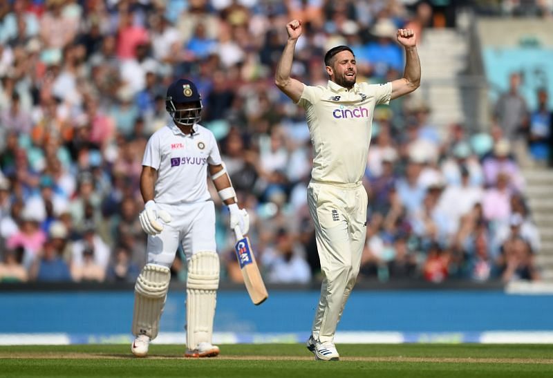 Chris Woakes celebrating the wicket of Ajinkya Rahane