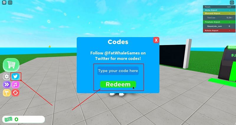 The code redemption window for Airport Tycoon. (Image via Roblox Corporation)