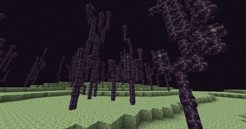 Chorus fruit trees will fall like bamboo does when chopped down. The fruit will scatter for players to pick up. Image via Minecraft