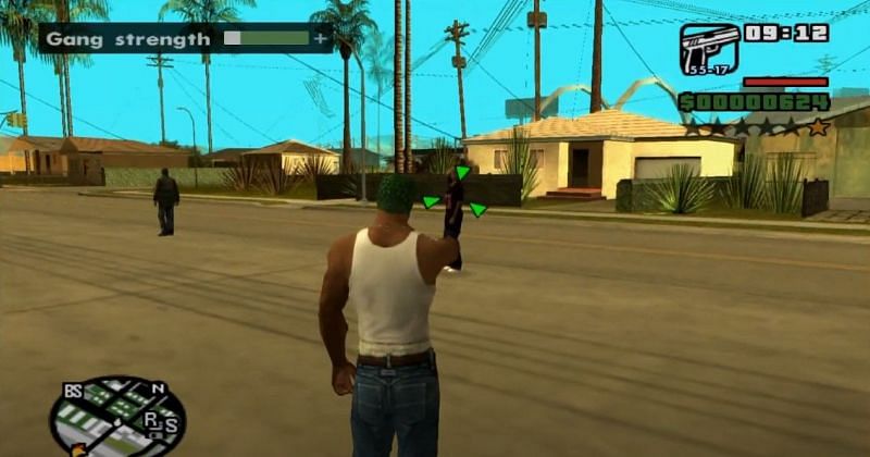 CJ recruiting an NPC with the &quot;recruit anybody with a Pistol&quot; cheat code (Image via Rockstar Games)
