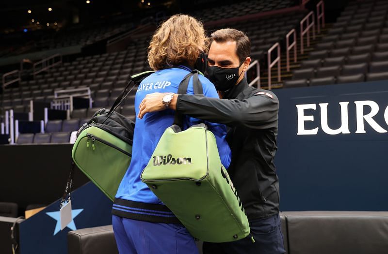 Roger Federer hugs Stefanos Tsitsipas at the TD Garden.