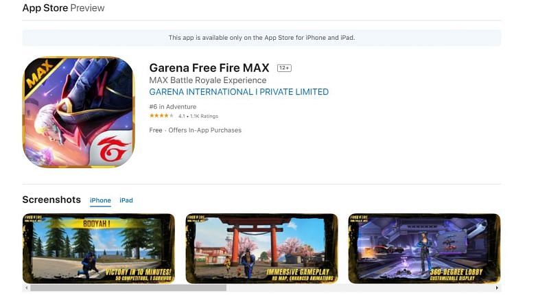 Free Fire Max on the Apple App Store (Image via Apple App Store)