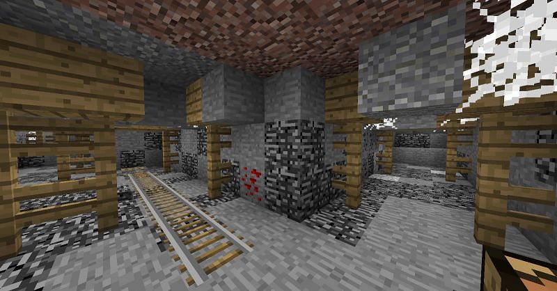 Mineshaft located in a ravine (Image via Minecraft)