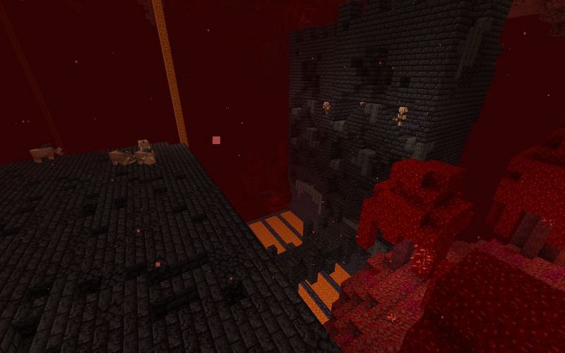 A busy bastion remnant full of dangerous mobs (Image via Minecraft)