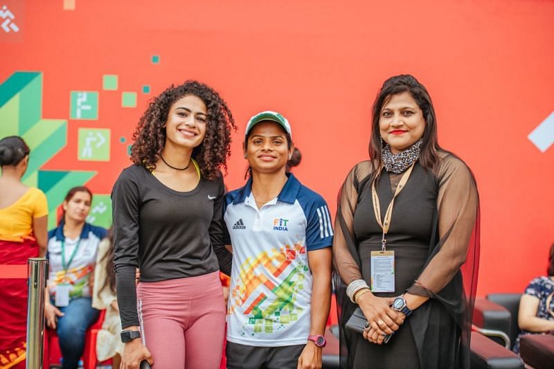 A file photo of Harmilan Bains (left) with Dutee Chand and Anuradha Biswal.