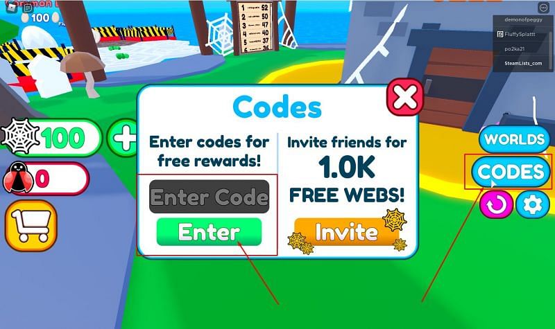 The code redemption window for Be a Spider Tycoon (Image via Roblox Corporation)