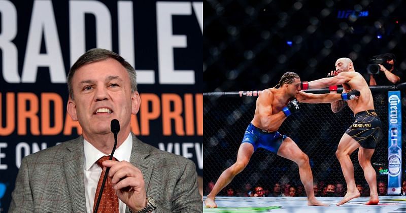 Teddy Atlas (left) gives his opinion on the UFC 266 main event between featherweight fighters Brian Ortega (center) and Alexander Volkanovski (right)