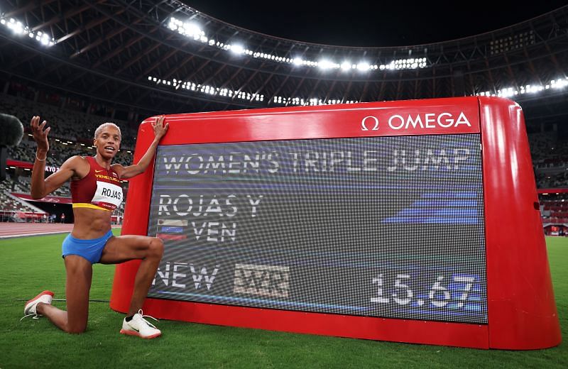 Yulimar Rojas after setting a new world record at the Tokyo Olympics