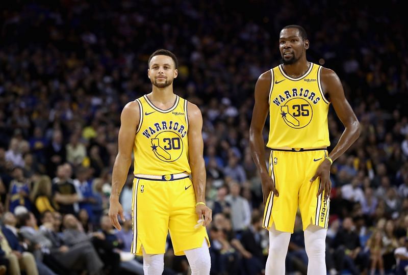 Steph Curry #30 with Kevin Durant #35