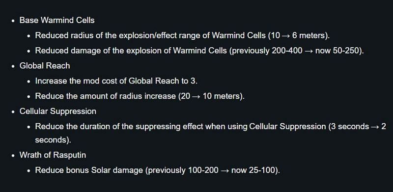 Warmind Cell changes from TWAB (Image via Bungie)