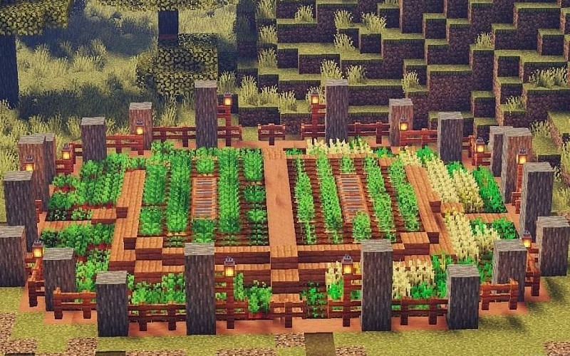 An image of a farm in a savanna biome in Minecraft. Image via Minecraft.