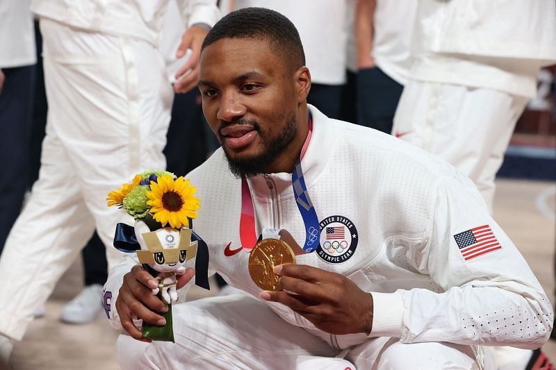 Damian Lillard with his gold medal for USA at the Olympics this summer