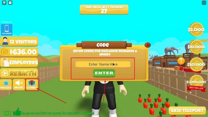 Roblox Zoo Tycoon has a very user-friendly code input system (Image via Loaded Studios)