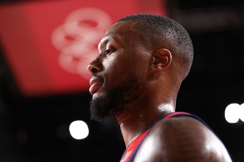 Damian Lillard #6 of Team United States looks on against Islamic Republic of Iran during the first half of a Men's Preliminary Round Group A game on day five of the Tokyo 2020 Olympic Games at Saitama Super Arena on July 28, 2021 in Saitama, Japan