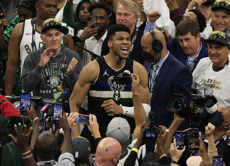 Giannis Antetokounmpo #34 of the Milwaukee Bucks celebrates defeating the Phoenix Suns in Game Six to win the 2021 NBA Finals at Fiserv Forum on July 20, 2021 in Milwaukee, Wisconsin.