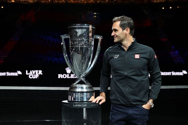Roger Federer with the 2021 Laver Cup trophy