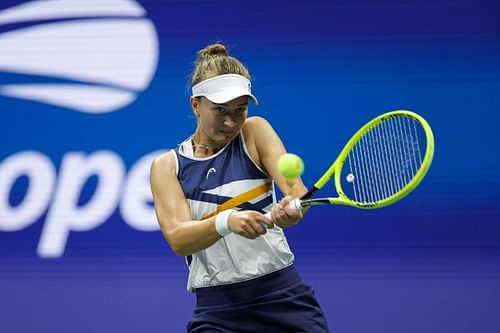 Barbora Krejcikova hits a backhand during her quarterfinal match at the 2021 US Open