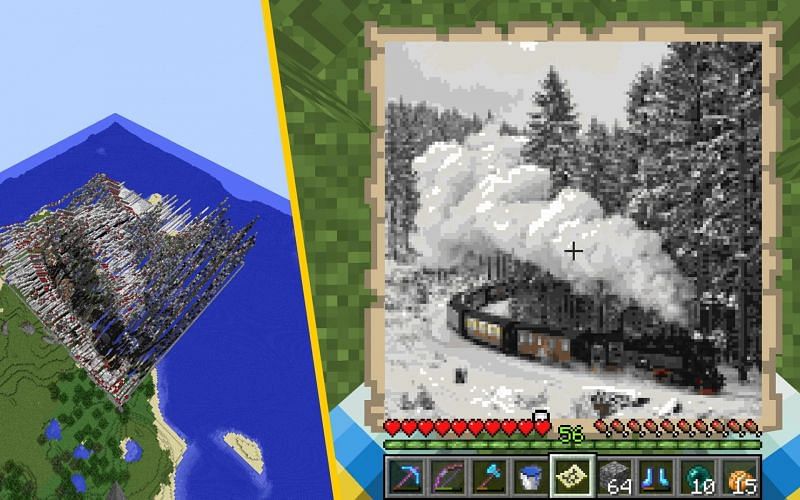 An image of a piece of Minecraft map art, which displays a picture of a train. (Image via Minecraft)