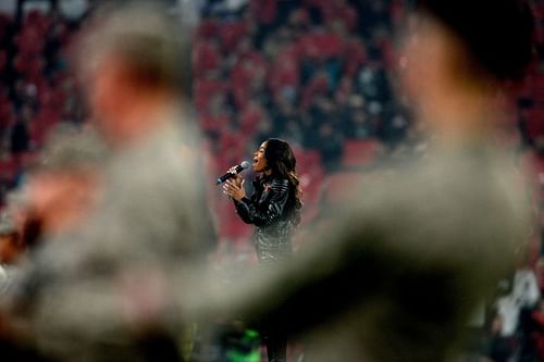 Michelle Williams sings the National Anthem in a Jacksonville Jaguars v Dallas Cowboys game