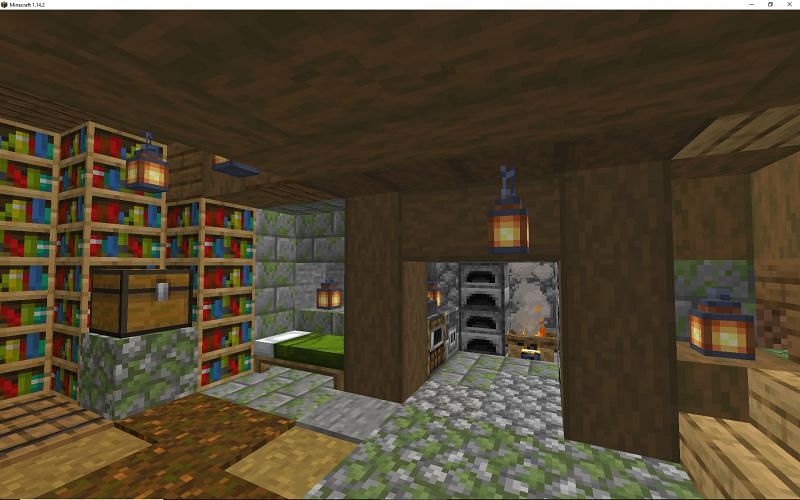 Enchanting table room with bookshelves (Image via Minecraft)
