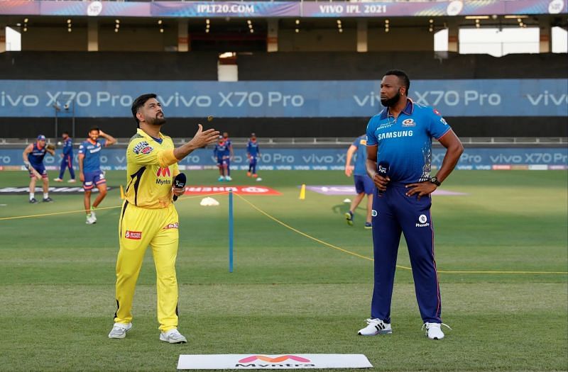 Pollard and Dhoni during the toss