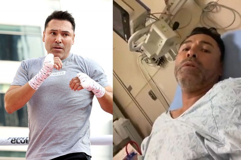 Oscar De La Hoya gives update of his COVID-19 status from the hospital [Right image credit: @OscarDeLaHoya via Twitter]
